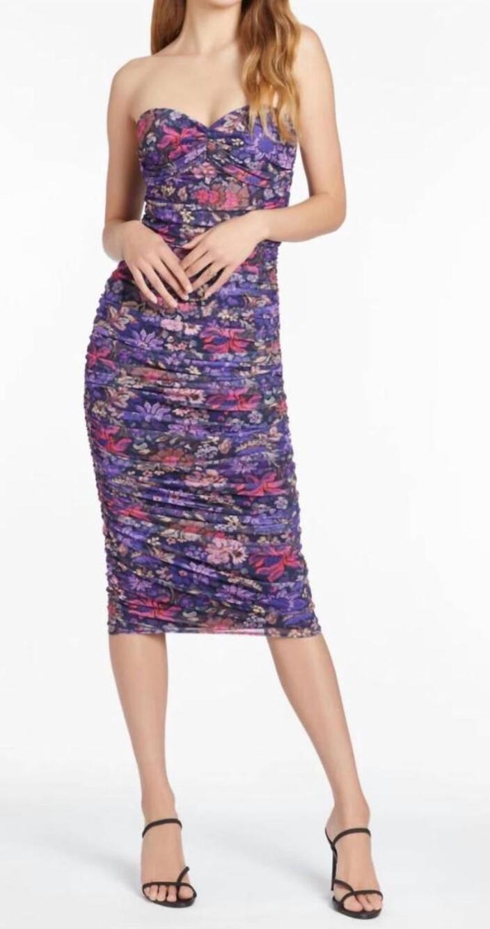 Amanda Uprichard Midi Dress Lopez Purple Floral Ruched Strapless Bodycon